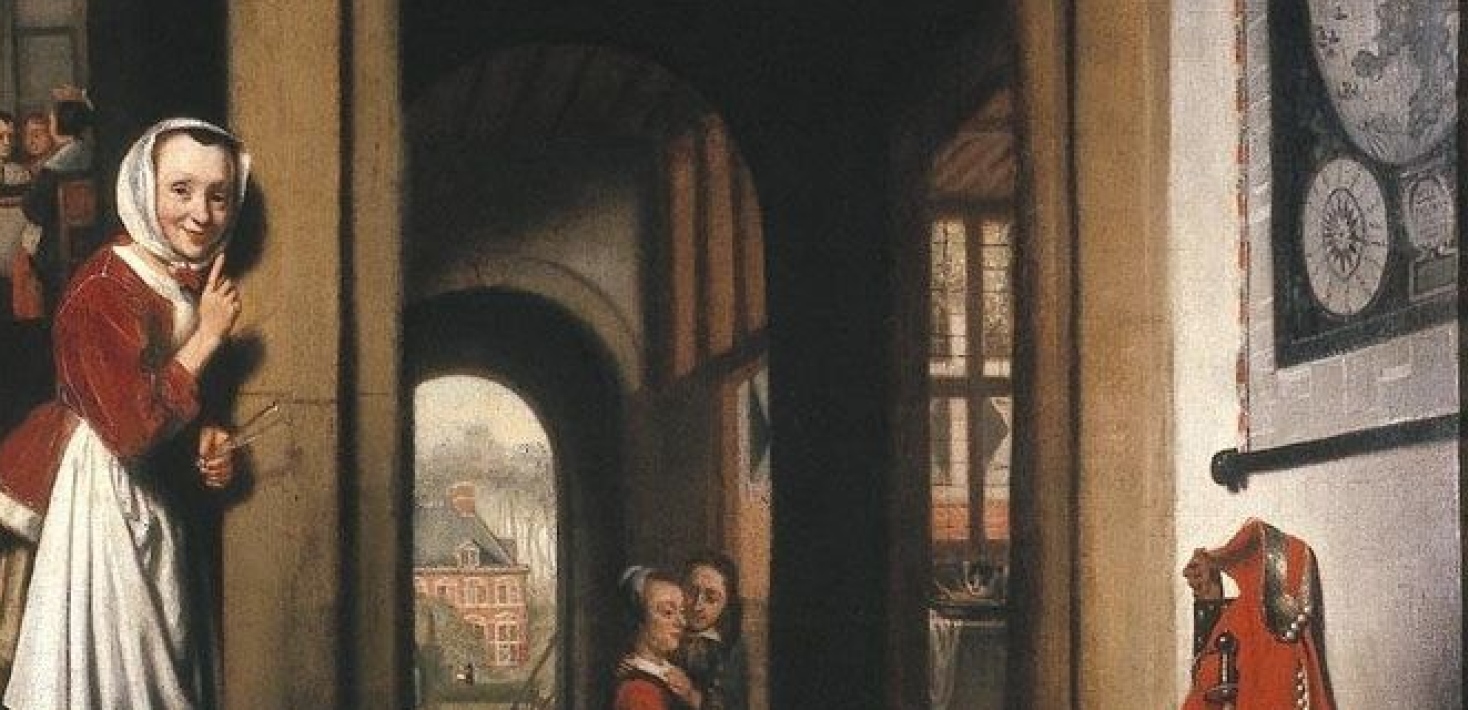 Målning. Kvinna står i en trappa och tjuvlyssnar på ett par runt hörnet.