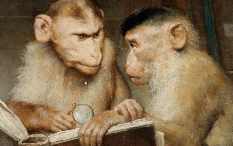 Oljemålning föreställandes två apor som tittar på varandra samtidigt som de håller i en stor bok