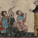 En predikobroder predikar från en träpulpet. Detalj ur Romance of Alexander.