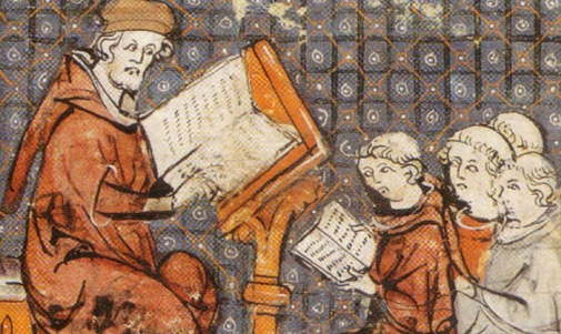 Medeltida teckning. En munk läser ur en bok framför elever som också har böcker. 