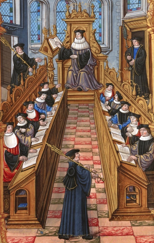 En bild av medeltida akademiker samlade för föreläsning.