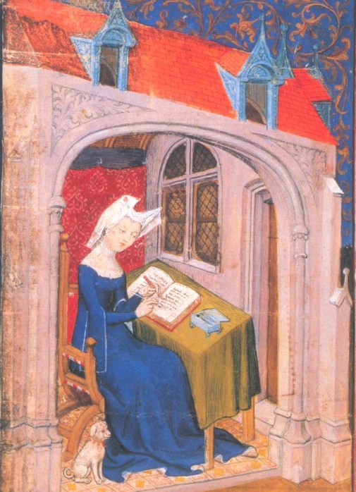 Bild på Christine de Pisan som sitter och skriver