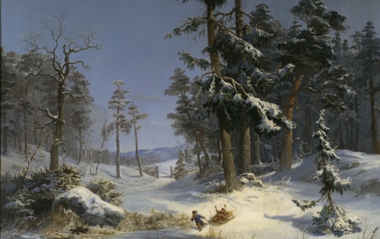 Målning föreställande vintertäckt glänta i skog.