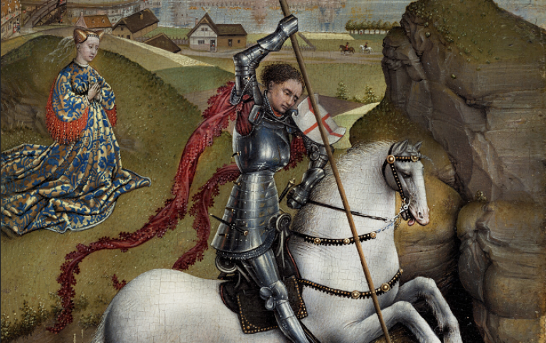 Medeltida målning av riddare på häst som dräper en drake, kvinna ser på i bakgrunden