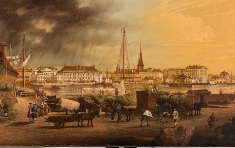 Målning. Gatumiljö från 1700-talets Stockholm.